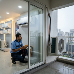 Technician kneeling indoors testing an air conditioner with a multimeter