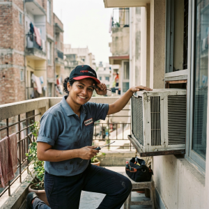 Technician kneeling and holding a screwdriver while repairing a window air conditioner on a balcony