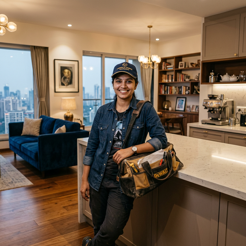 Smiling female technician with tool bag in modern kitchen