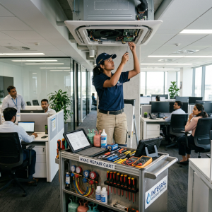 Technician working on ceiling HVAC unit with repair cart in office
