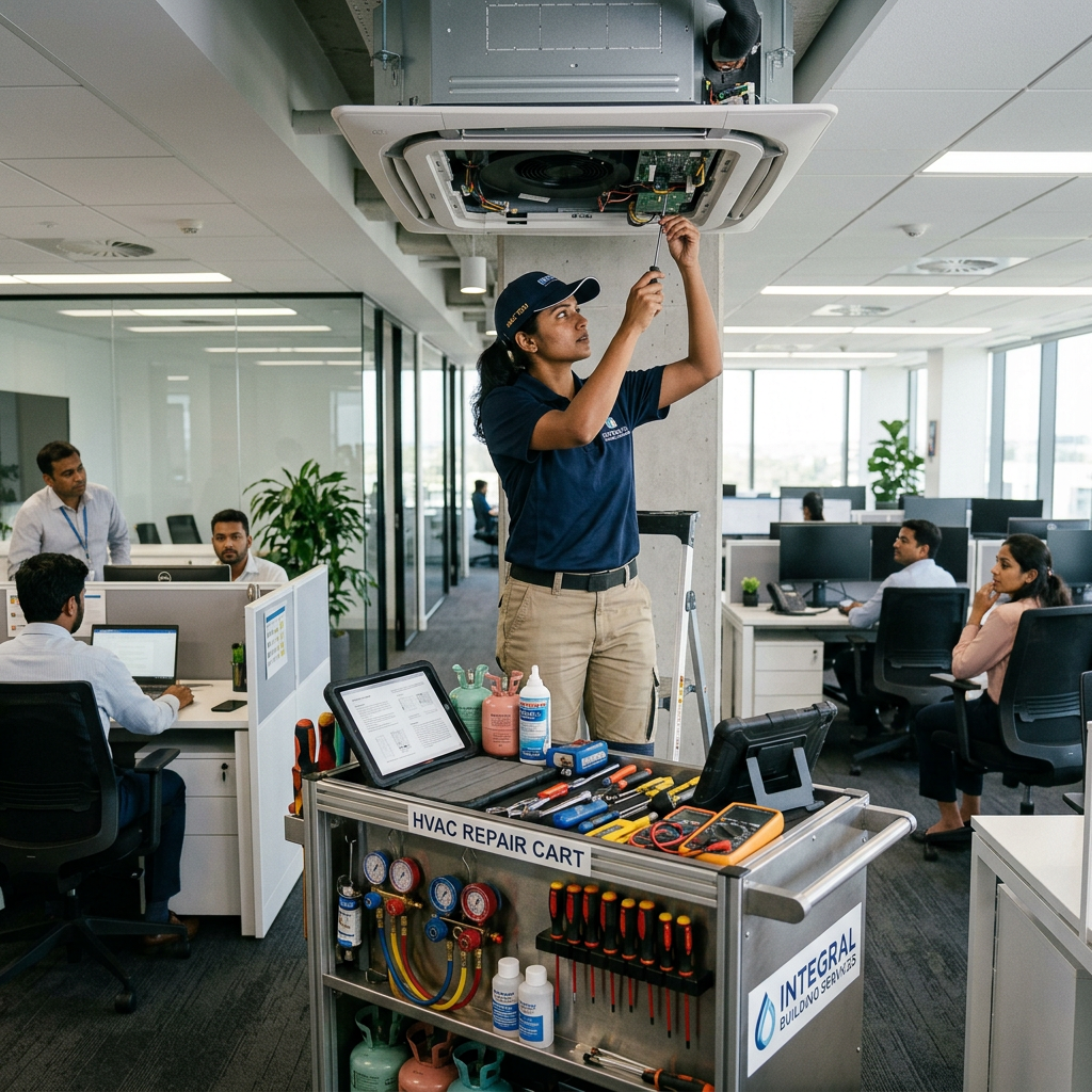 Technician working on ceiling HVAC unit with repair cart in office