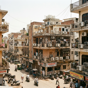 Urban street with many buildings covered in air conditioning units and people on scooters and walking
